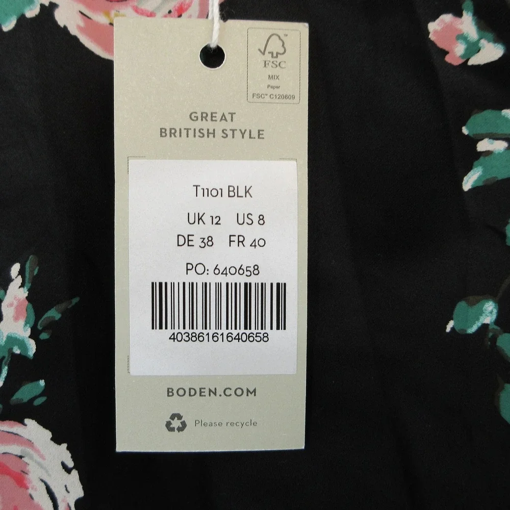NWT Boden Womens Black Floral Rose Puff Sleeve Cotton Poplin Top US 8